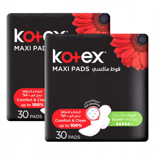 Kotex Maxi Pads Super + Wings 2 x 30 Pads  Kotex Maxi Pads Super + Wings 2 x 30 Pads